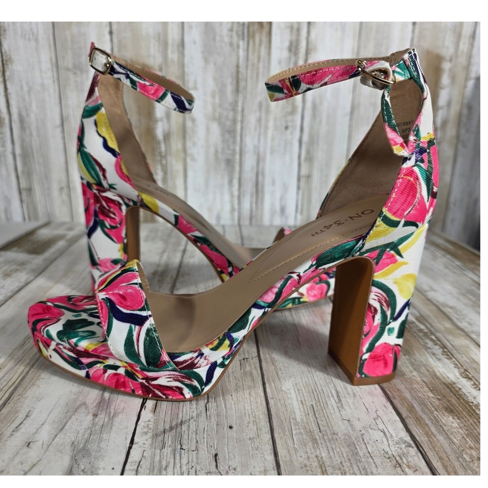 On 34th Womens Floral Block Heel Platform Sandals Multi Color Rose Print Size 7M